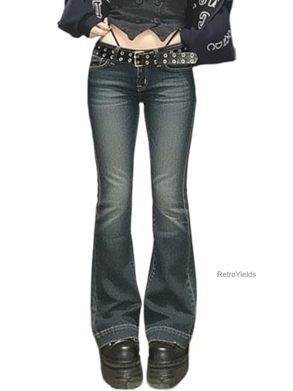 Women's Stretchy Denim Bell Bottom Jeans Flared Mid Rise Embroidery Vintage 90s